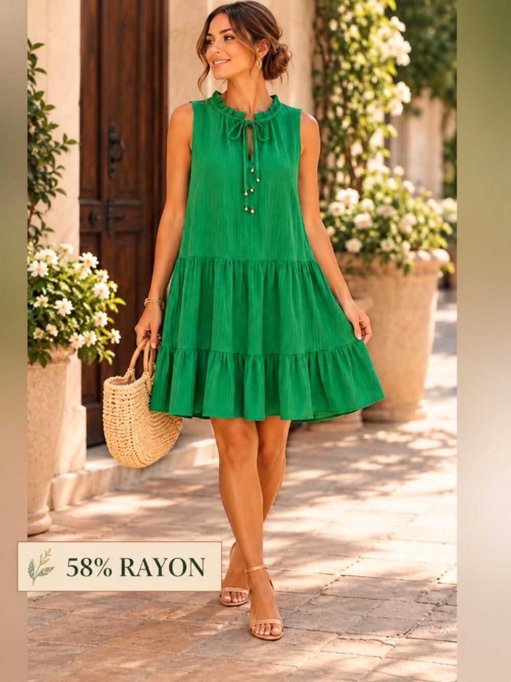 Calvin Klein Green Tiered Sleeveless Dress Size 8 Rayon Blend